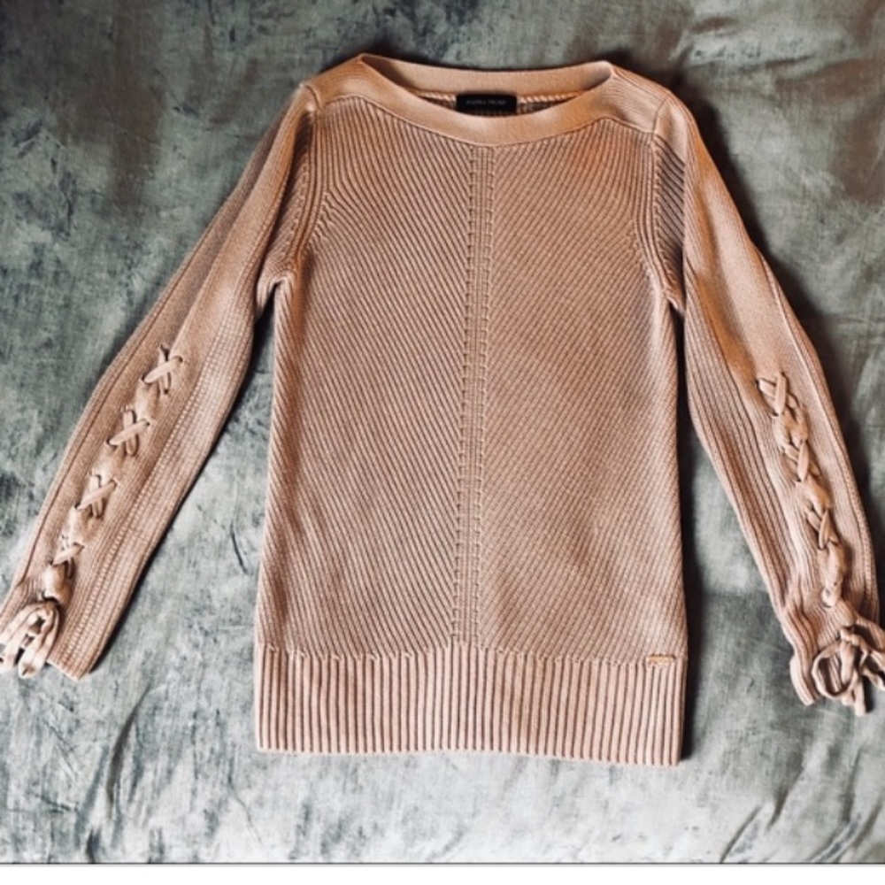Ivanka Trump Sweater Ribbed Knit Lace-Up Sleeves